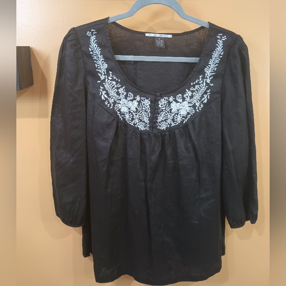 For The Republic Black and White Long Sleeve Embroidered 100% Linen Top Size 12 - Picture 15 of 16